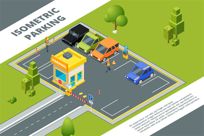 isometric-illustrations-of-urban-paid-parking-with-various-cars