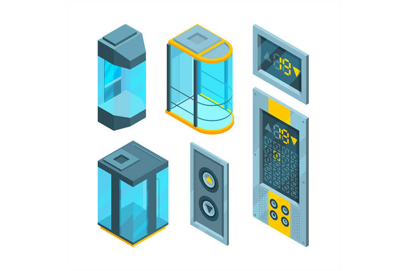 isometric-pictures-set-of-glass-elevators-with-steel-buttons