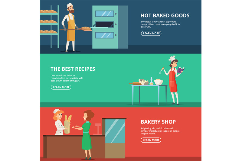 horizontal-banners-of-various-characters-bakers-at-work