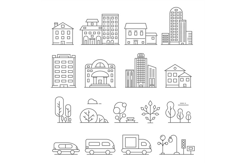 buildings-and-urban-objects-vector-linear-pictures-of-cars-house-and