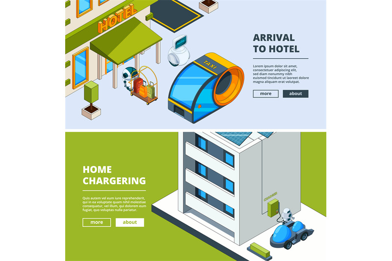 futuristic-transport-and-robots-banners-template-with-isometric-low-p