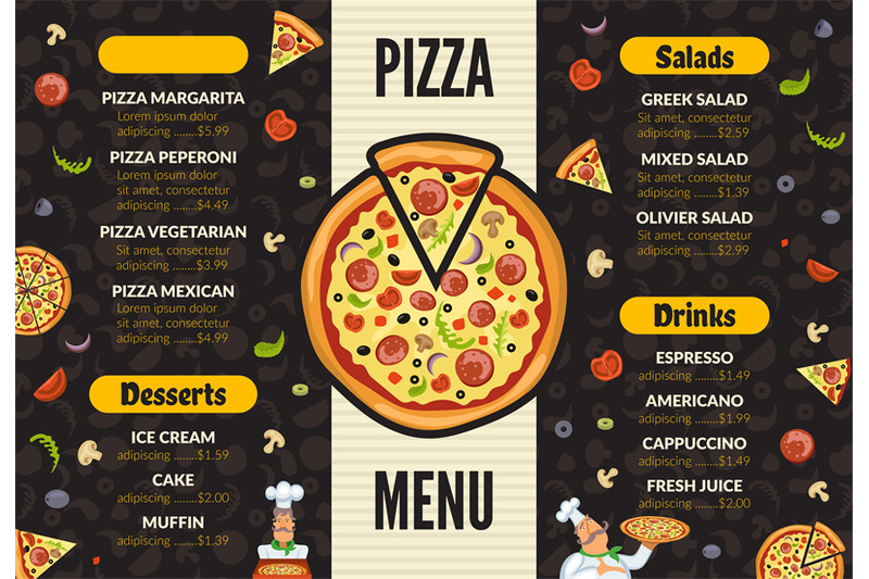 Pizzeria menu template. Italian kitchen cuisine food pizza ingredients