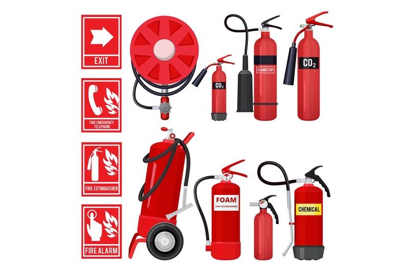 red-fire-extinguisher-firefighter-tools-for-flame-protection-vector-i