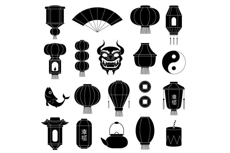 chinese-symbols-silhouettes-asian-paper-lanterns-mask-of-dragon-fish