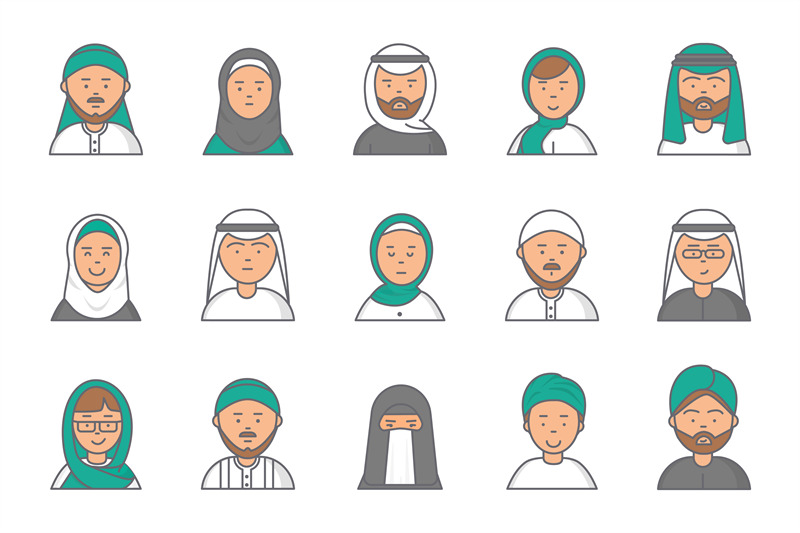 islam-linear-avatars-arabian-muslim-saudi-male-and-female-vector-face