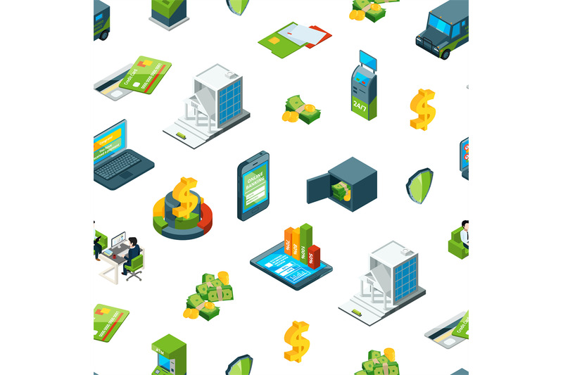 vector-isometric-money-in-bank-icons-pattern-illustration