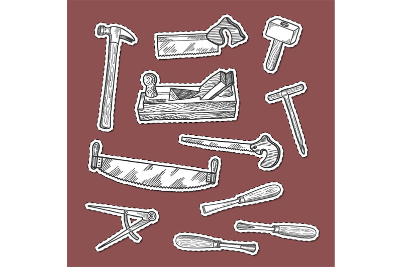 vector-hand-drawn-carpentry-elements-stickers-set-illustration