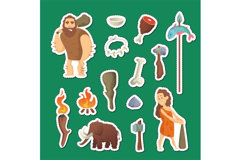 cave-people-elements-vector-cartoon-cavemen-stickers-set-illustration