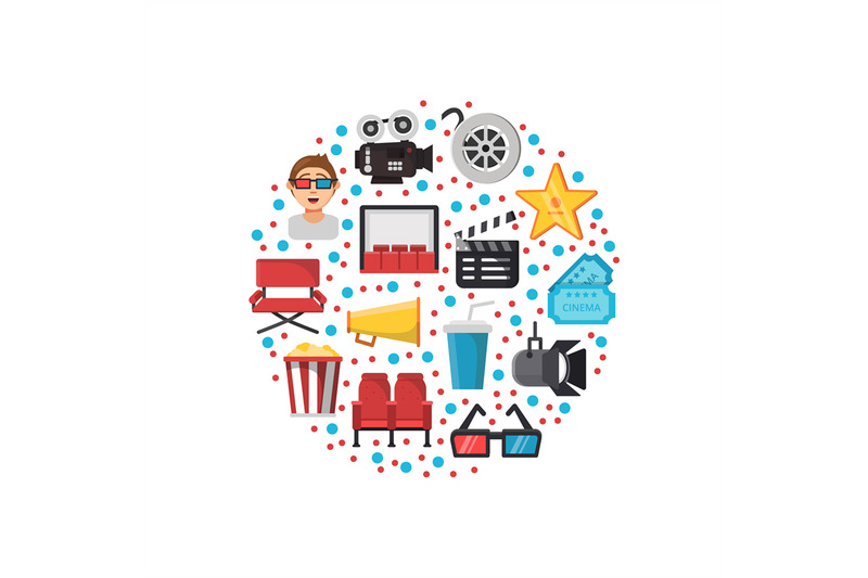 vector-flat-cinema-icons-in-circle-shape-with-confetti-illustration