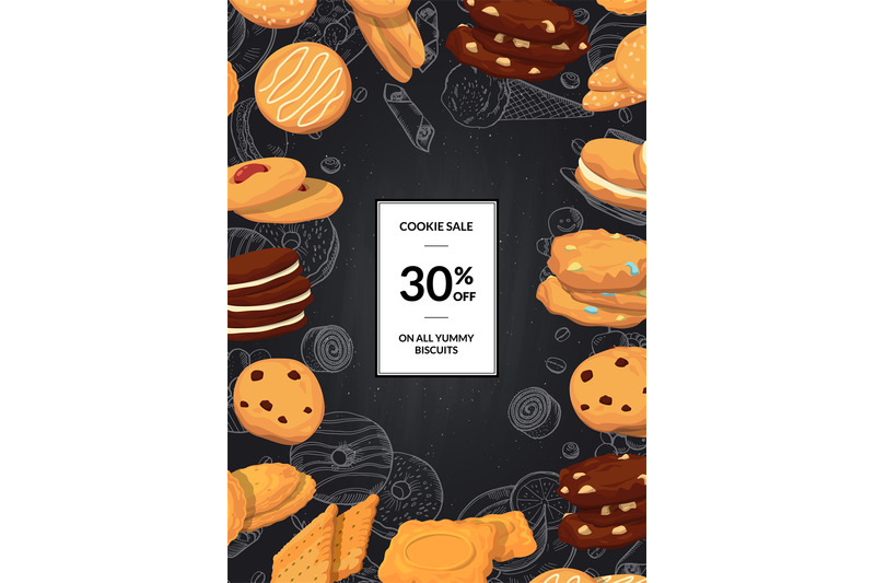 vector-sale-background-with-cartoon-cookies-on-black-chalkboard-with-p