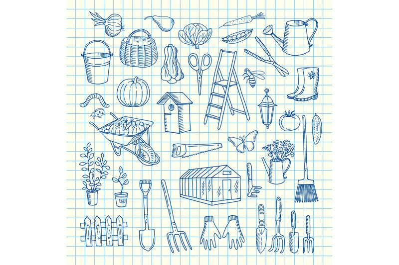 vector-gardening-doodle-icons-on-cell-sheet-illustration