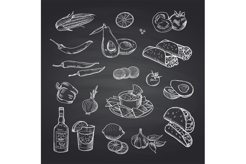 vector-sketched-mexican-food-elements-set-on-black-chalkboard