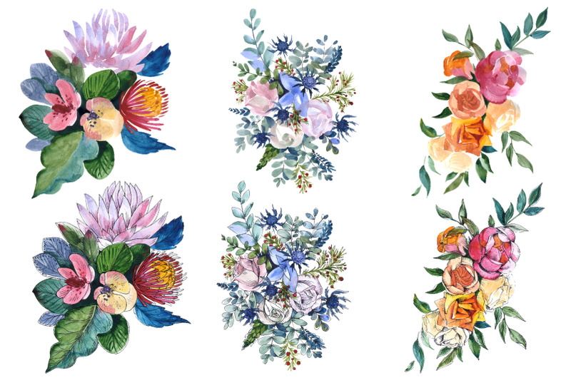 bouquets-with-wildflowers-roses-leaves-watercolor-png