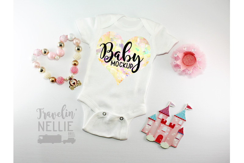 Free Princess Baby Girl White Blank Bodysuit Mockup, Infant One Piece Stock (PSD Mockups)