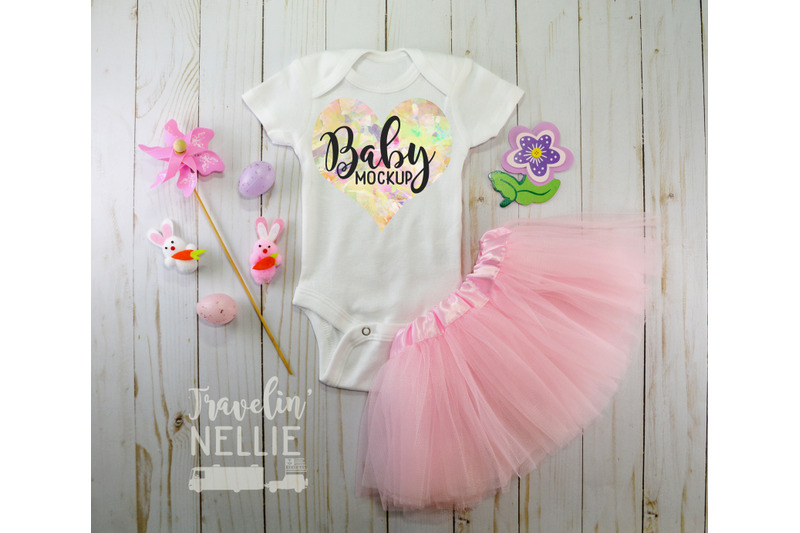 Free Easter Baby Girl, White Blank Bodysuit Mockup, Infant One Piece Stock (PSD Mockups)