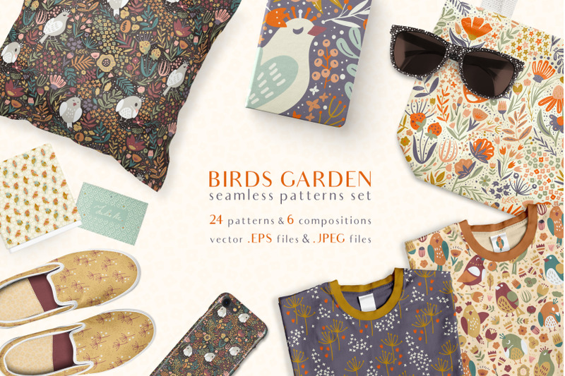 birds-garden-seamless-patterns-set