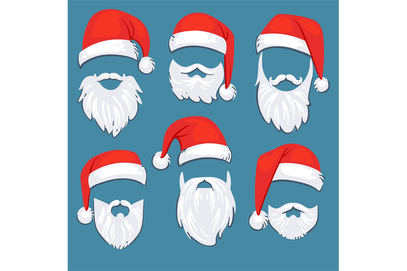 christmas-santa-claus-red-hats-with-white-moustache-and-beards-vector