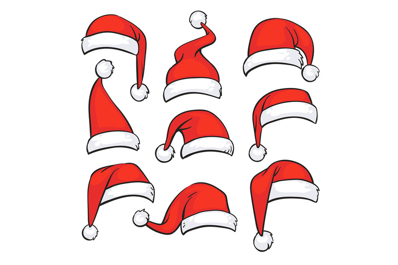 santa-red-hats-with-white-fur-isolated-christmas-holiday-vector-decor