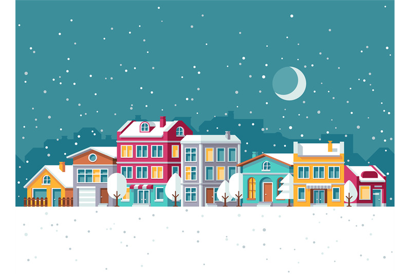 snowfall-in-winter-town-with-small-houses-cartoon-vector-illustration