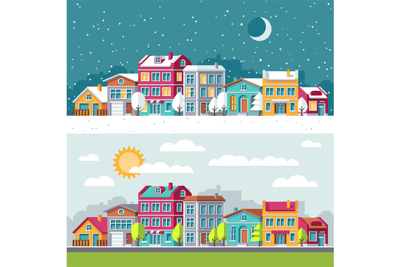 winter-and-summer-landscape-with-city-houses-flat-vector-illustration