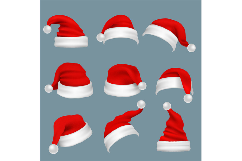 realistic-christmas-santa-claus-red-hats-isolated-vector-set
