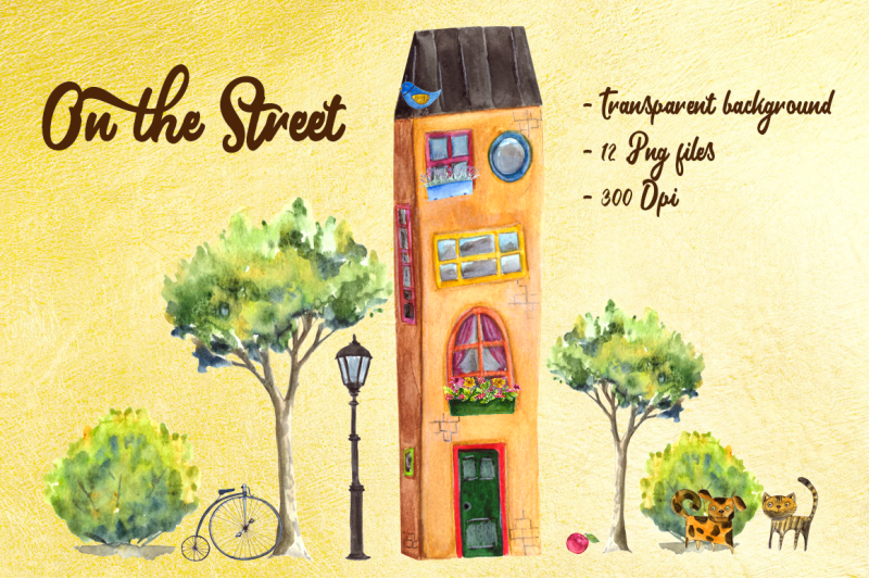 on-the-street-watercolor-clip-art-set