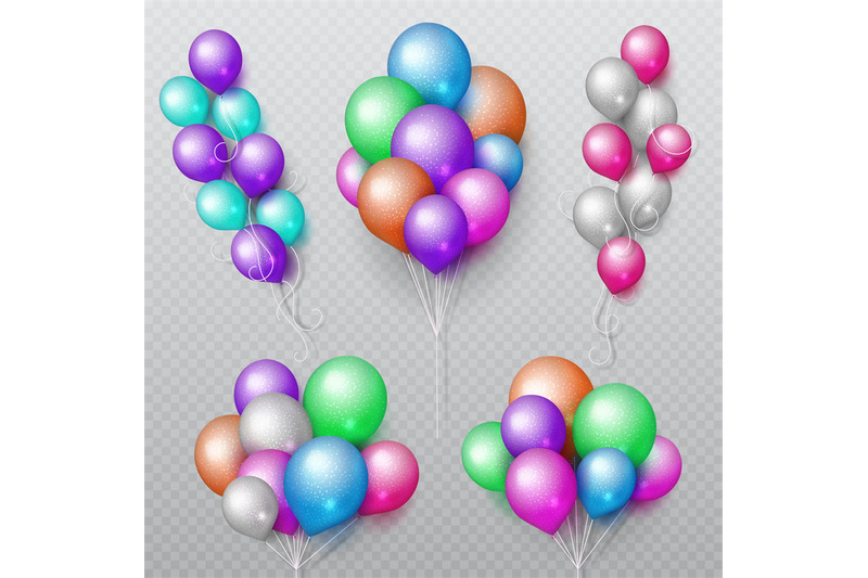 color-party-flying-balloons-bunches-isolated-vector-set
