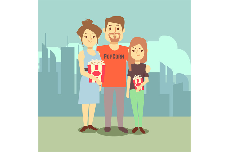 cartoon-happy-family-with-popcorn-on-city-landscape