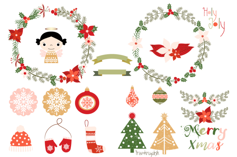 christmas-wreath-set-merry-christmas-wreaths-mittens-hat-stocking-laurels-angel-trees-poinsettia-wreath-ornaments-clipart
