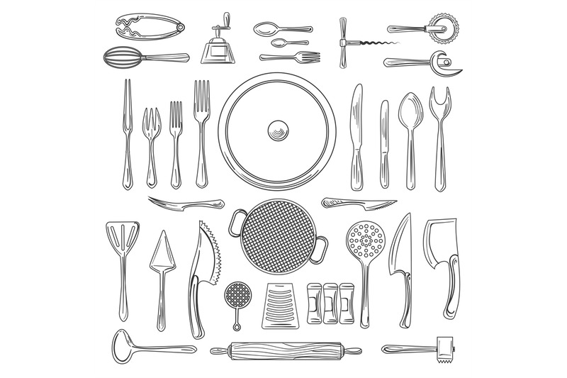 kitchen-utensils-or-kitchenware-sketch