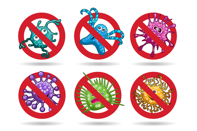 stop-viruses-cartoon-emblems-set