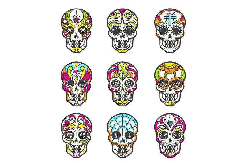 colored-sugar-skull-icons-set