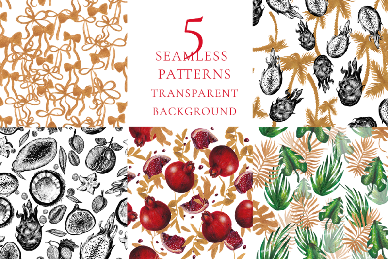 5-seamless-patterns-exotic-watercolor-and-ink