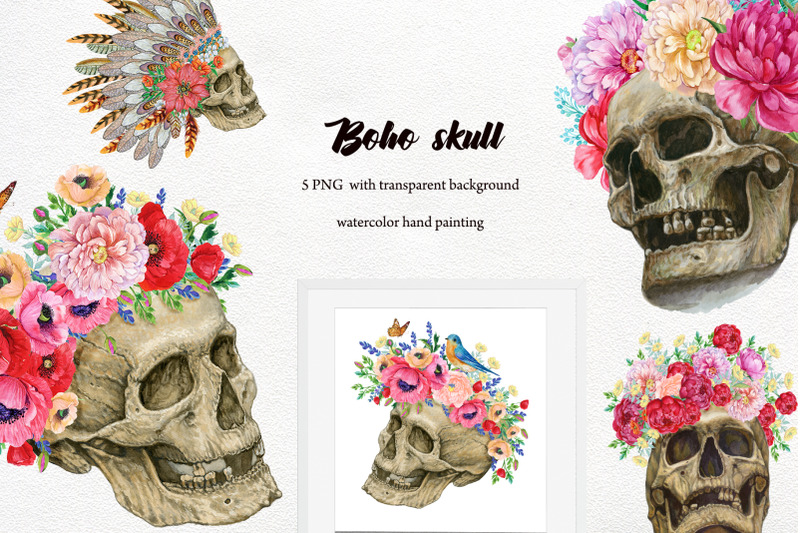 skulls-with-flowers-human-skull-boho-style