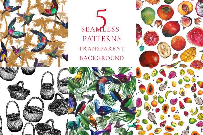 5-seamless-patterns-exotic-watercolor-and-ink