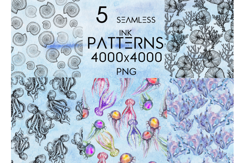 5-seamless-patterns-in-ink-and-watercolor-sea-theme