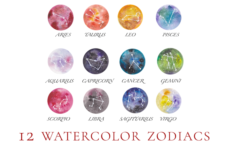 12 Zodiac Signs Set In Watercolor By Kaleriiat Thehungryjpeg