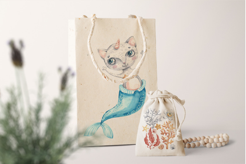 nursery-cat-mermaid-clipart-watercolor-seashells-clip-art