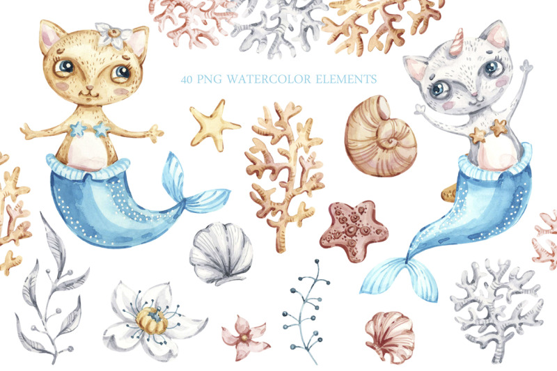 nursery-cat-mermaid-clipart-watercolor-seashells-clip-art