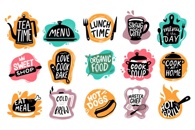 food-lettering-bakery-kitchen-sweets-hot-dogs-badge-and-organic-food