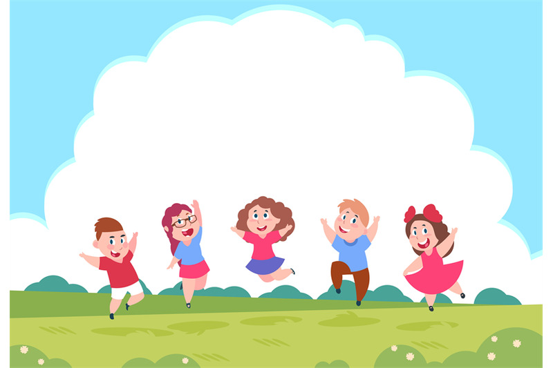 Happy cartoon children. Preschool playing kids on summer nature backgr