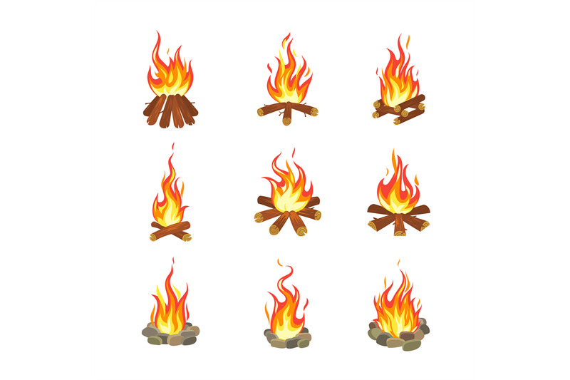 cartoon-bonfire-tourist-summer-campfires-flame-firewood-torch-firepl