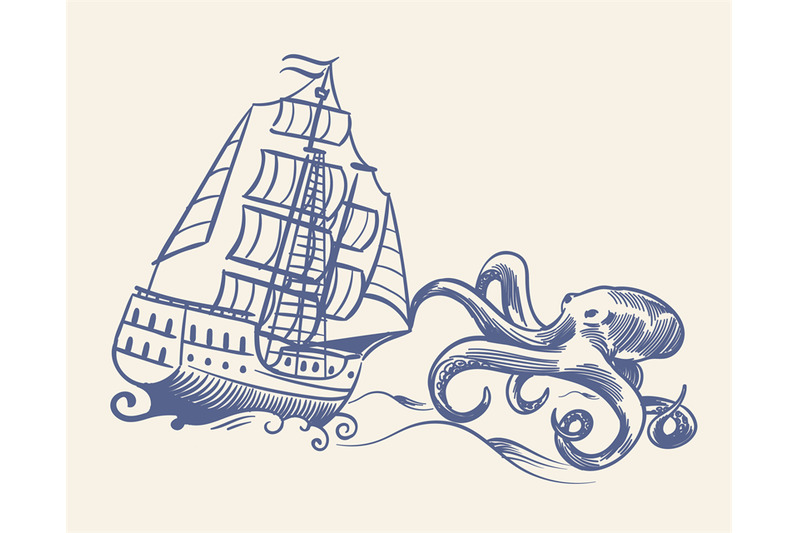 octopus-monster-sketch-sailboat-vintage-medieval-pirate-ship-run-away