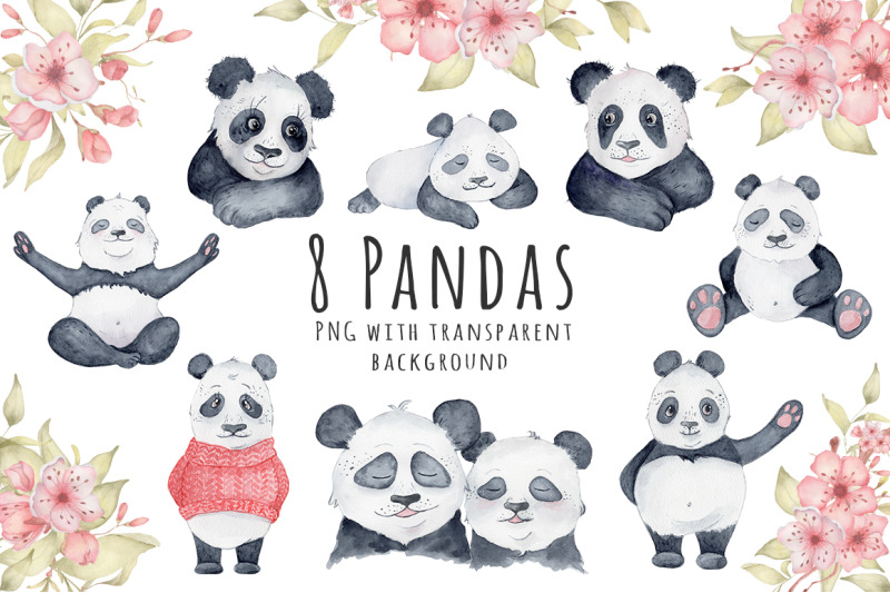 lovely-pandas-and-sakura-flowers-watercolor-set