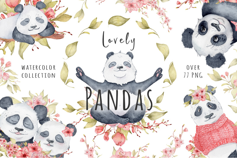 lovely-pandas-and-sakura-flowers-watercolor-set