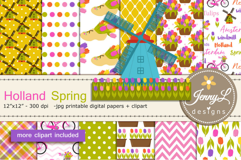 holland-spring-digital-papers-and-windmill-bike-clipart-clogs-dutch