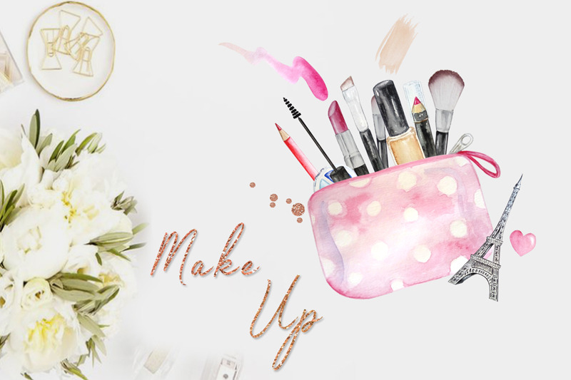 Watercolor Make up Clipart. Cosmetics Clipart Makeup Brushes