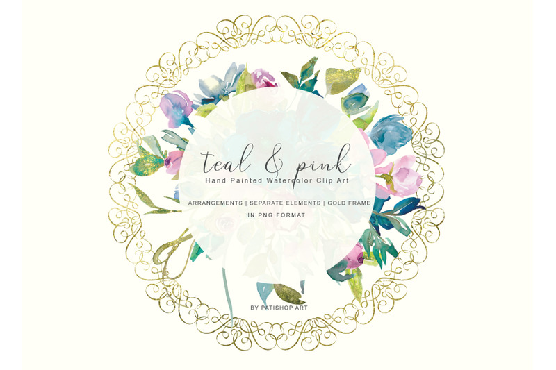 watercolor-teal-blue-and-pink-floral-bouquet-clipart