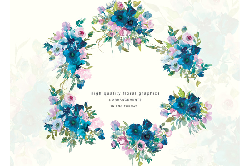 watercolor-teal-blue-and-pink-floral-bouquet-clipart