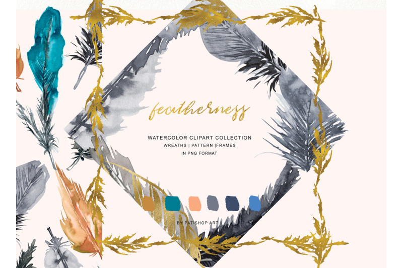 watercolor-burnt-orange-blue-gray-feathers-wreaths-amp-frames